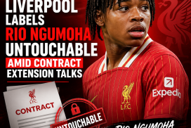 Liverpool players celebrate on the pitch as Rio Ngumoha looks on during contract extension discussions.