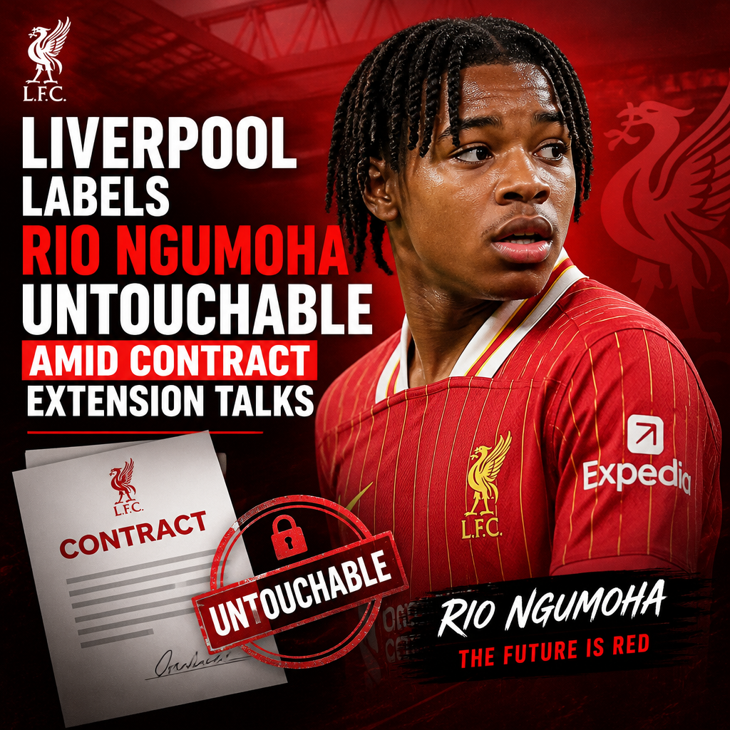 Liverpool players celebrate on the pitch as Rio Ngumoha looks on during contract extension discussions.