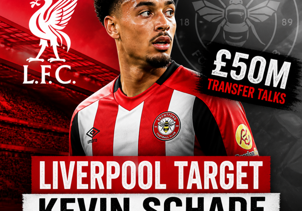 Winger Kevin Schade in a Brentford jersey during a match, targeted by Liverpool for a £50 million transfer.