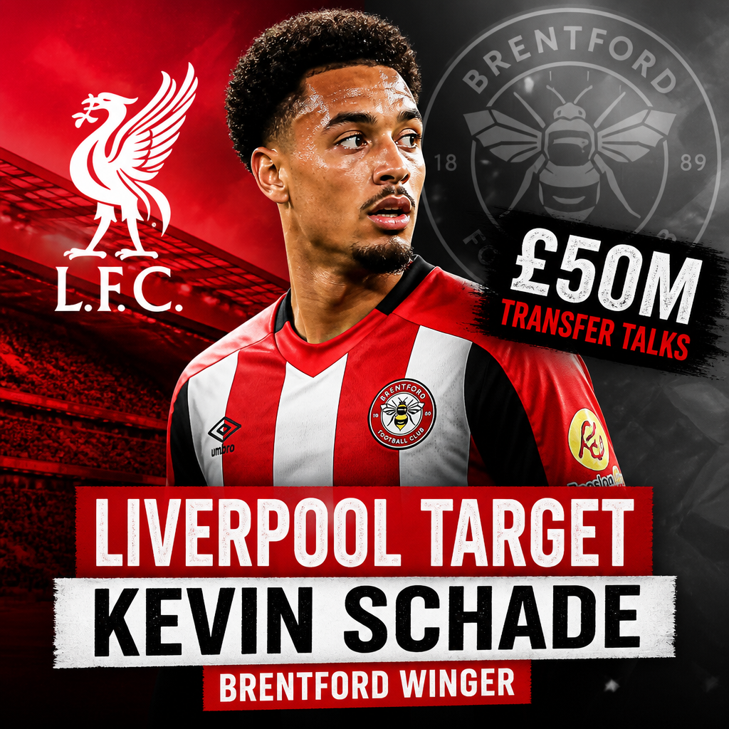 Winger Kevin Schade in a Brentford jersey during a match, targeted by Liverpool for a £50 million transfer.