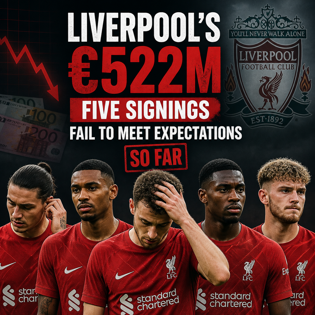 Five new Liverpool signings in team kits on the pitch, looking disappointed during a match.
