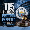 Manchester City logo with text announcing verdict on 115 charges expected Monday, 19 October.