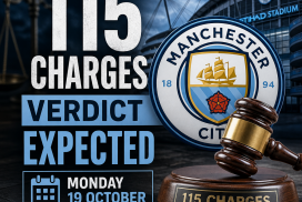 Manchester City logo with text announcing verdict on 115 charges expected Monday, 19 October.