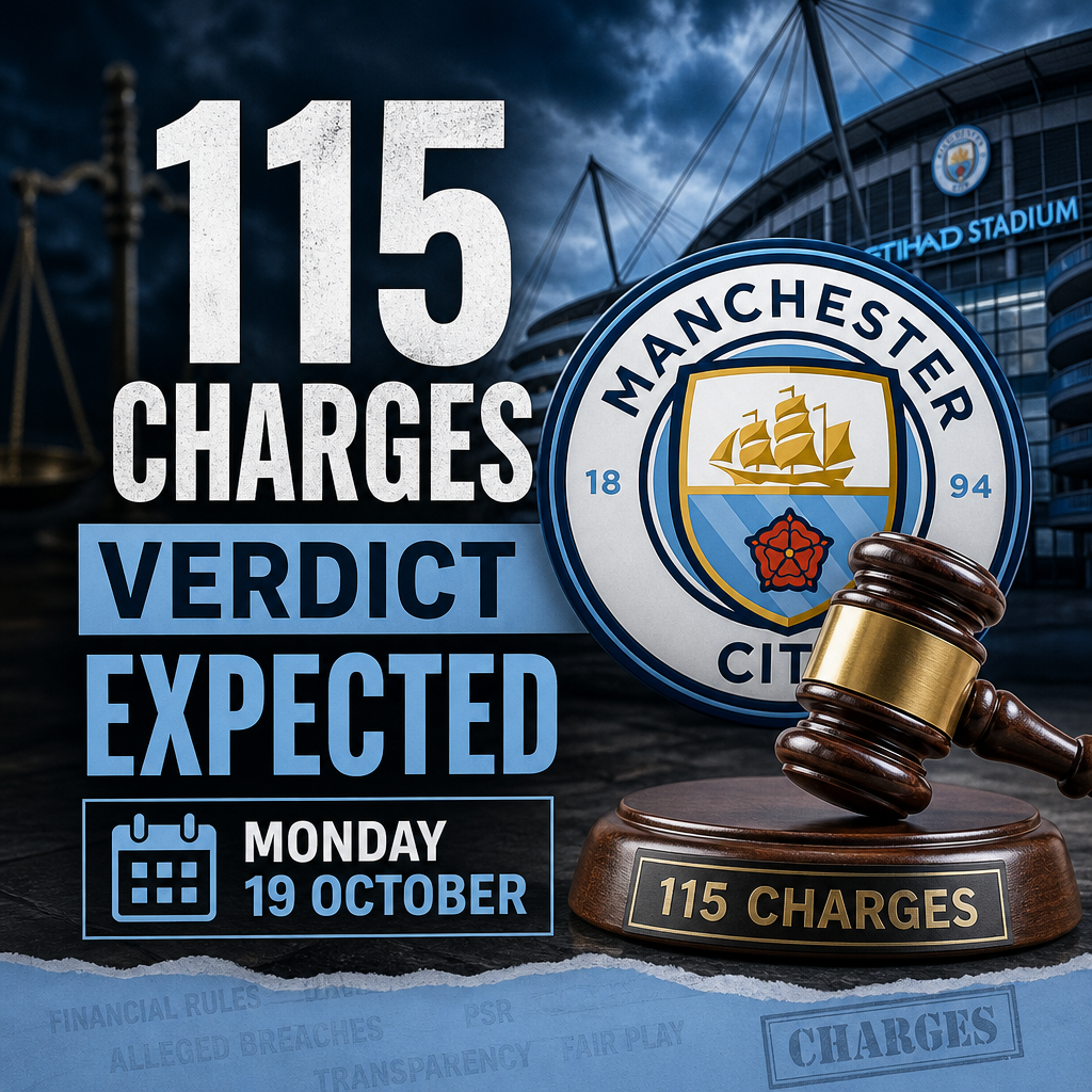 Manchester City logo with text announcing verdict on 115 charges expected Monday, 19 October.