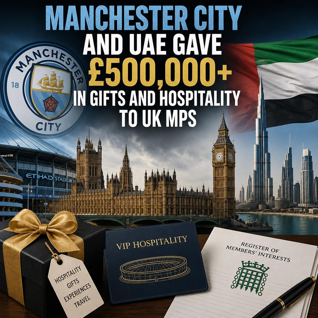 Chart showing Manchester City and UAE giving over £500,000 in gifts and hospitality to UK MPs.