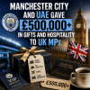 Chart showing UK MPs receiving over £500,000 in gifts and hospitality from Manchester City and UAE.