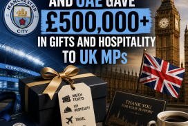 Chart showing UK MPs receiving over £500,000 in gifts and hospitality from Manchester City and UAE.