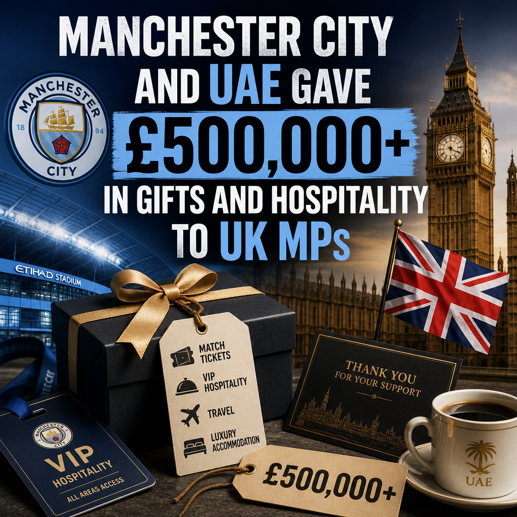 Chart showing UK MPs receiving over £500,000 in gifts and hospitality from Manchester City and UAE.