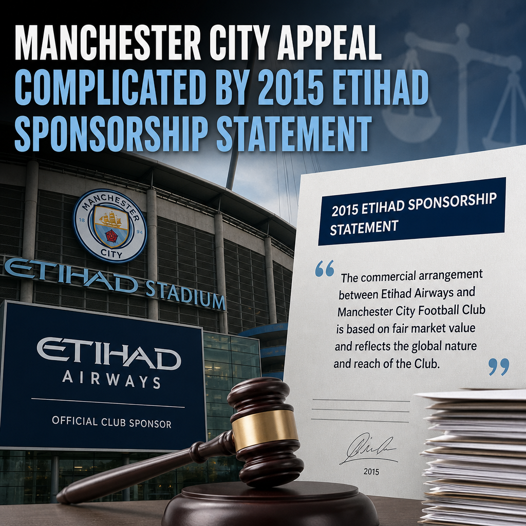 Manchester City logo with Etihad Airways sponsorship text, highlighting legal complications of 2015 appeal.