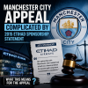 Manchester City logo with text about 2015 Etihad sponsorship and legal appeal complications.