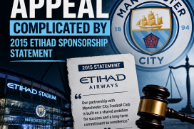 Manchester City logo with text about 2015 Etihad sponsorship and legal appeal complications.