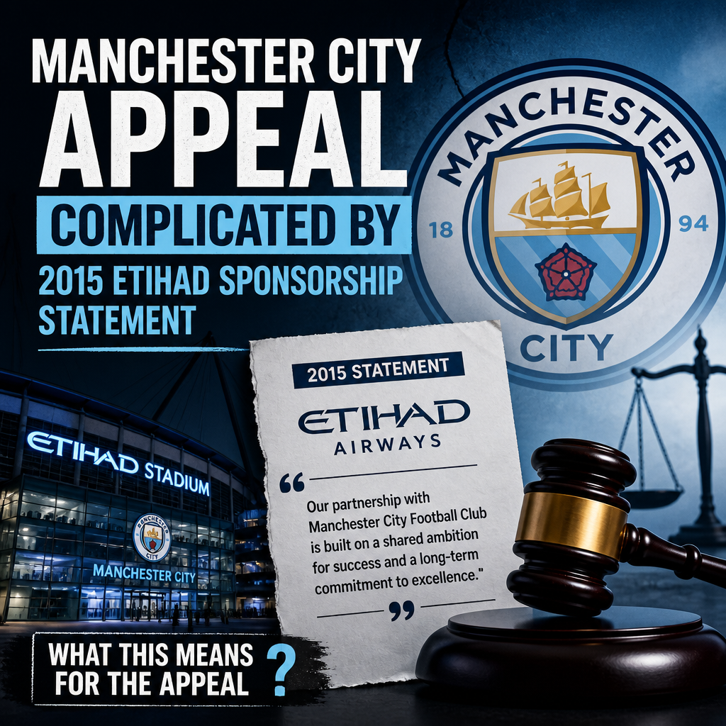 Manchester City logo with text about 2015 Etihad sponsorship and legal appeal complications.