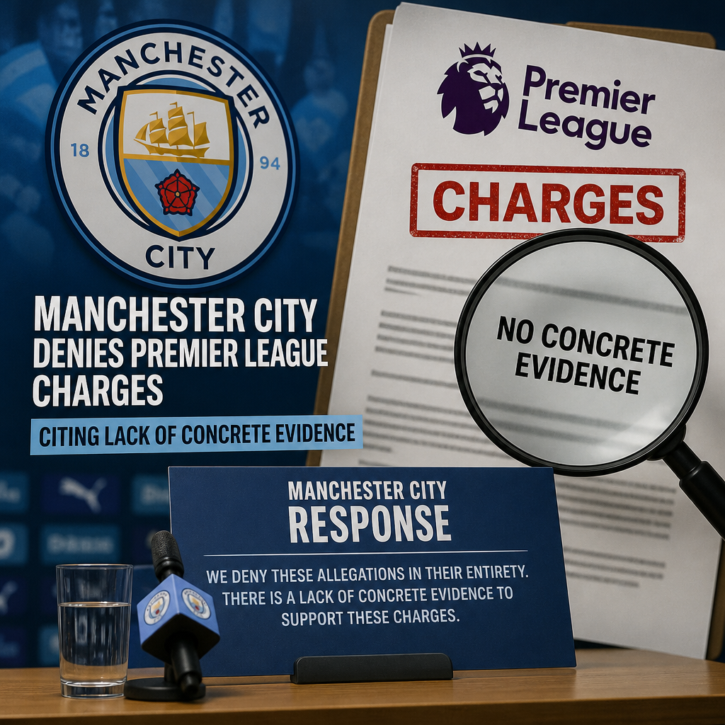 Manchester City logo with Premier League emblem, symbolizing their denial of charges over alleged violations.