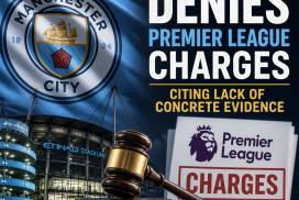Manchester City logo beside legal scales and documents, symbolizing Premier League charge denial due to lack of evidence.
