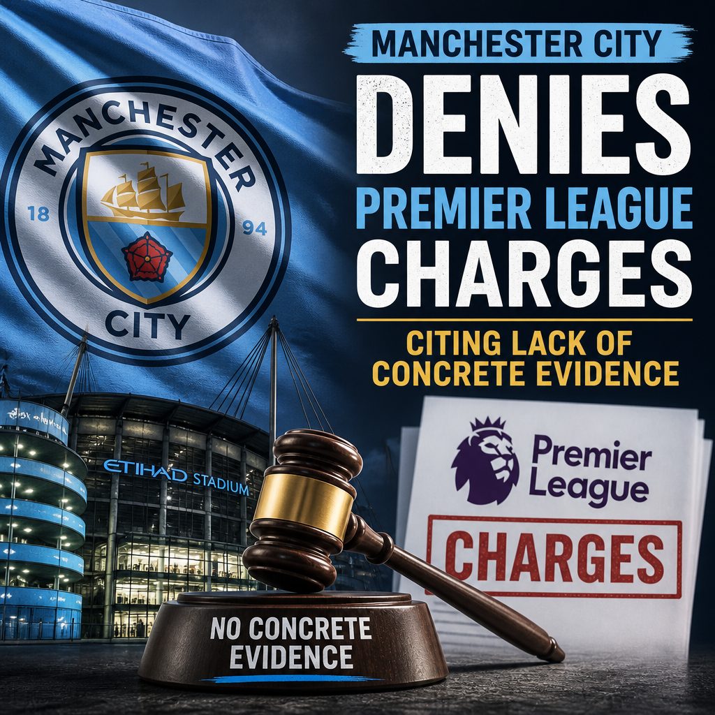 Manchester City logo beside legal scales and documents, symbolizing Premier League charge denial due to lack of evidence.