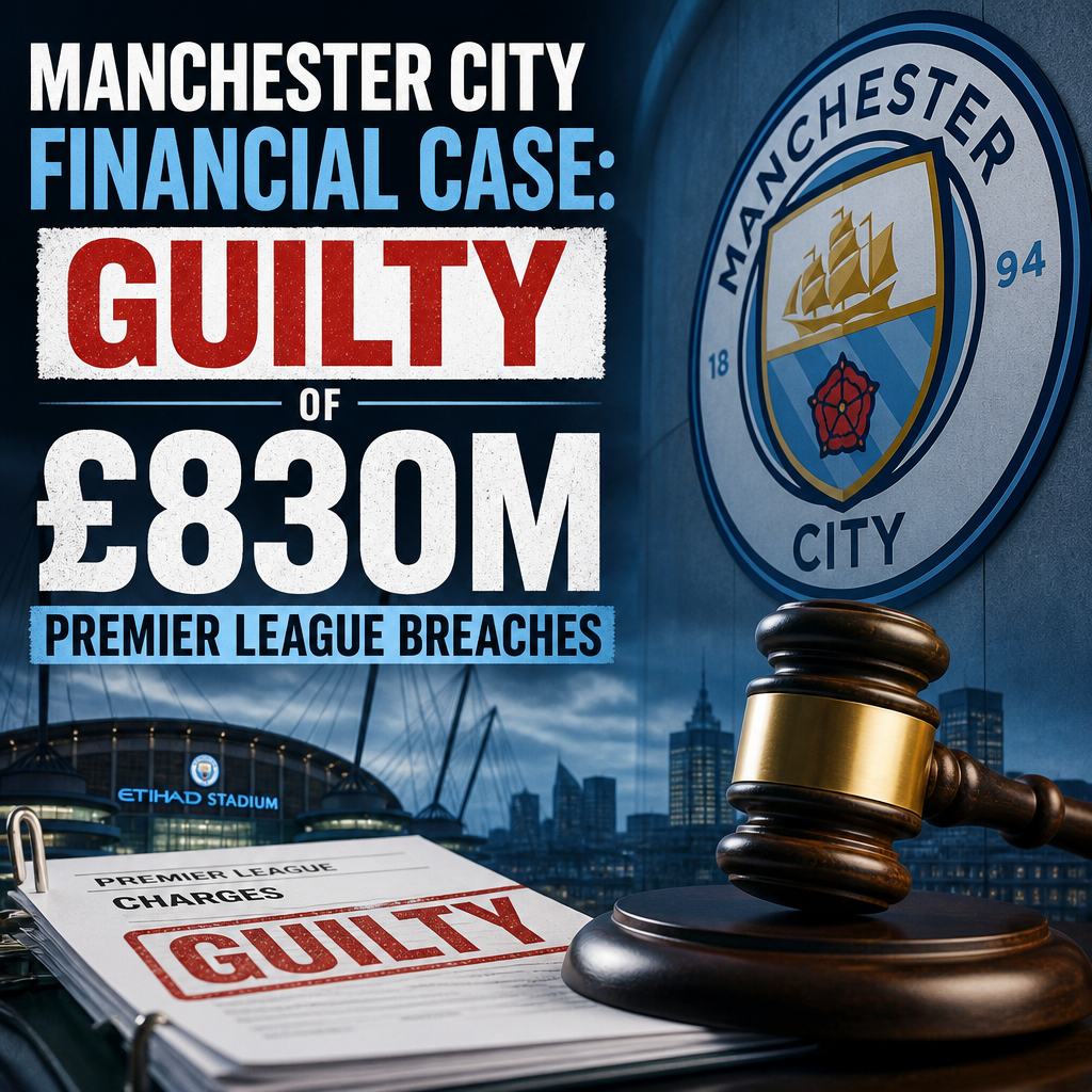 Manchester City logo with a court gavel and financial documents, symbolizing Premier League financial breach case.