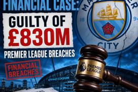 Manchester City’s logo with text highlighting £830 million Premier League financial breaches case.