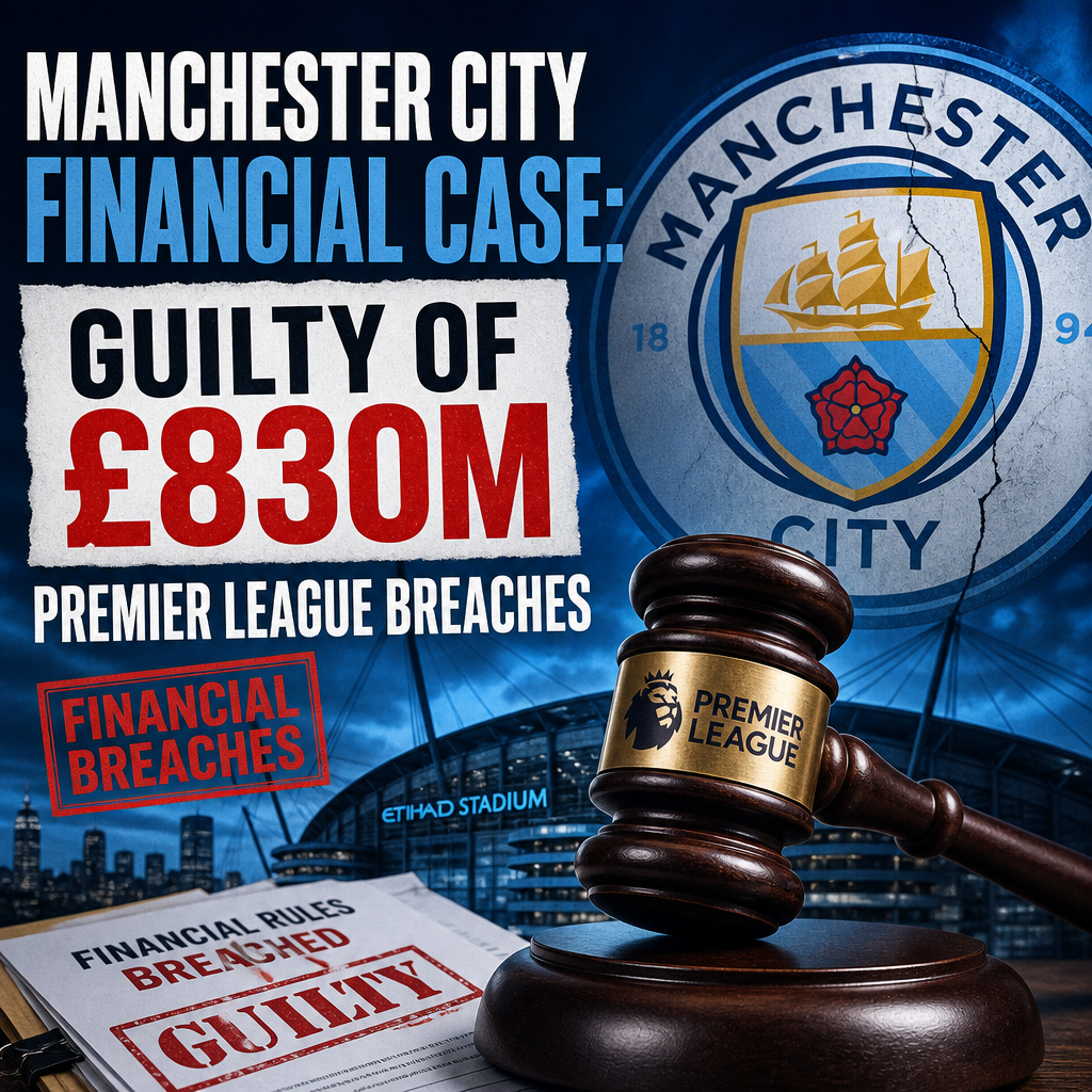 Manchester City’s logo with text highlighting £830 million Premier League financial breaches case.