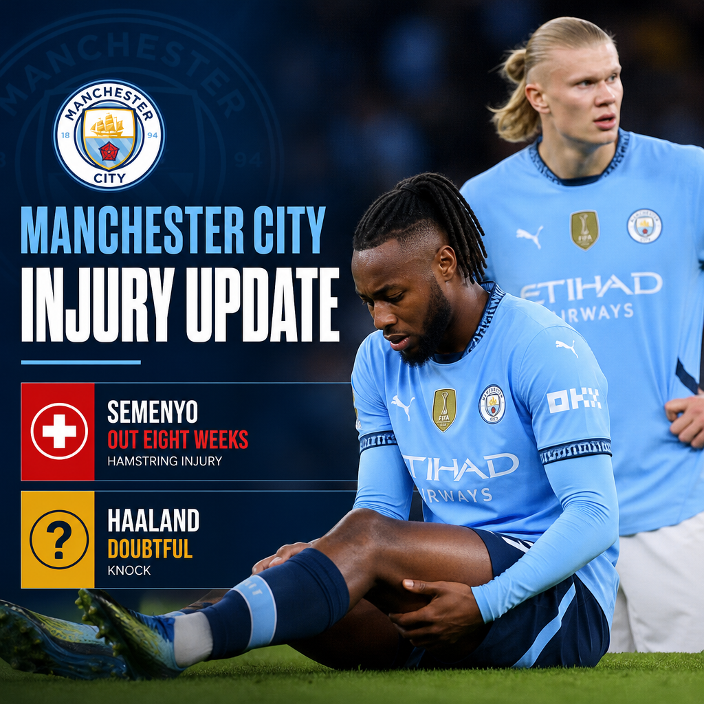 Manchester City injury update: Semenyo out eight weeks with hamstring injury; Haaland doubtful after a knock.