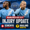 Manchester City injury update graphic showing Semenyo out eight weeks and Haaland doubtful to play.