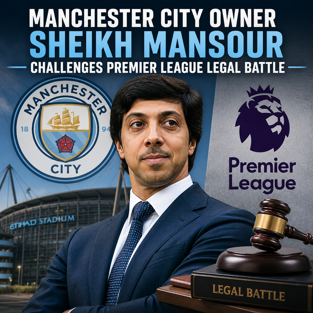 Sheikh Mansour, Manchester City owner, speaking at a press conference, challenging the Premier League.