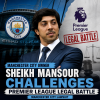 Sheikh Mansour, Manchester City owner, in a suit holding a document during a legal challenge against the Premier League.