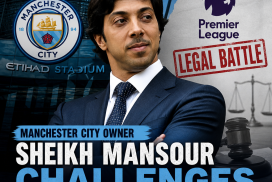 Sheikh Mansour, Manchester City owner, in a suit holding a document during a legal challenge against the Premier League.