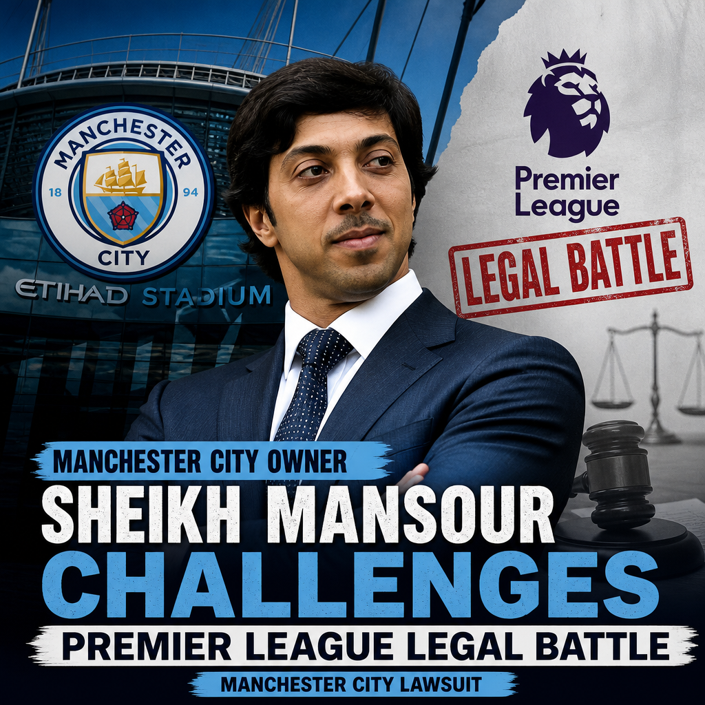 Sheikh Mansour, Manchester City owner, in a suit holding a document during a legal challenge against the Premier League.