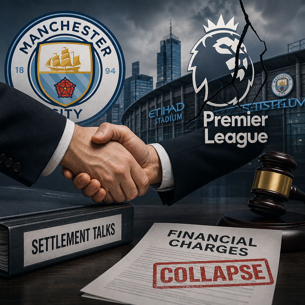 Manchester City executives in a tense meeting room discussing financial settlement talks over Premier League charges.