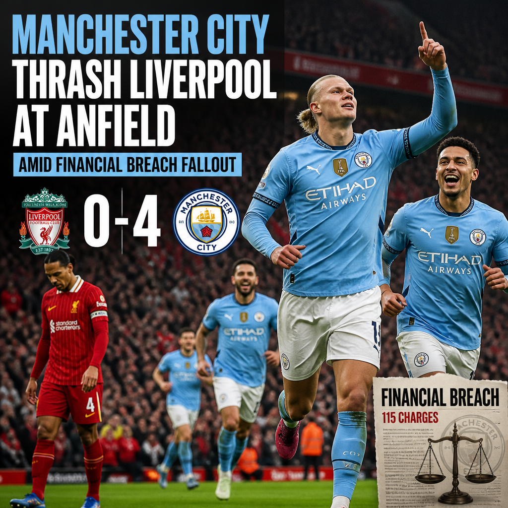 Manchester City players celebrate a goal during their 4-0 win over Liverpool at Anfield.