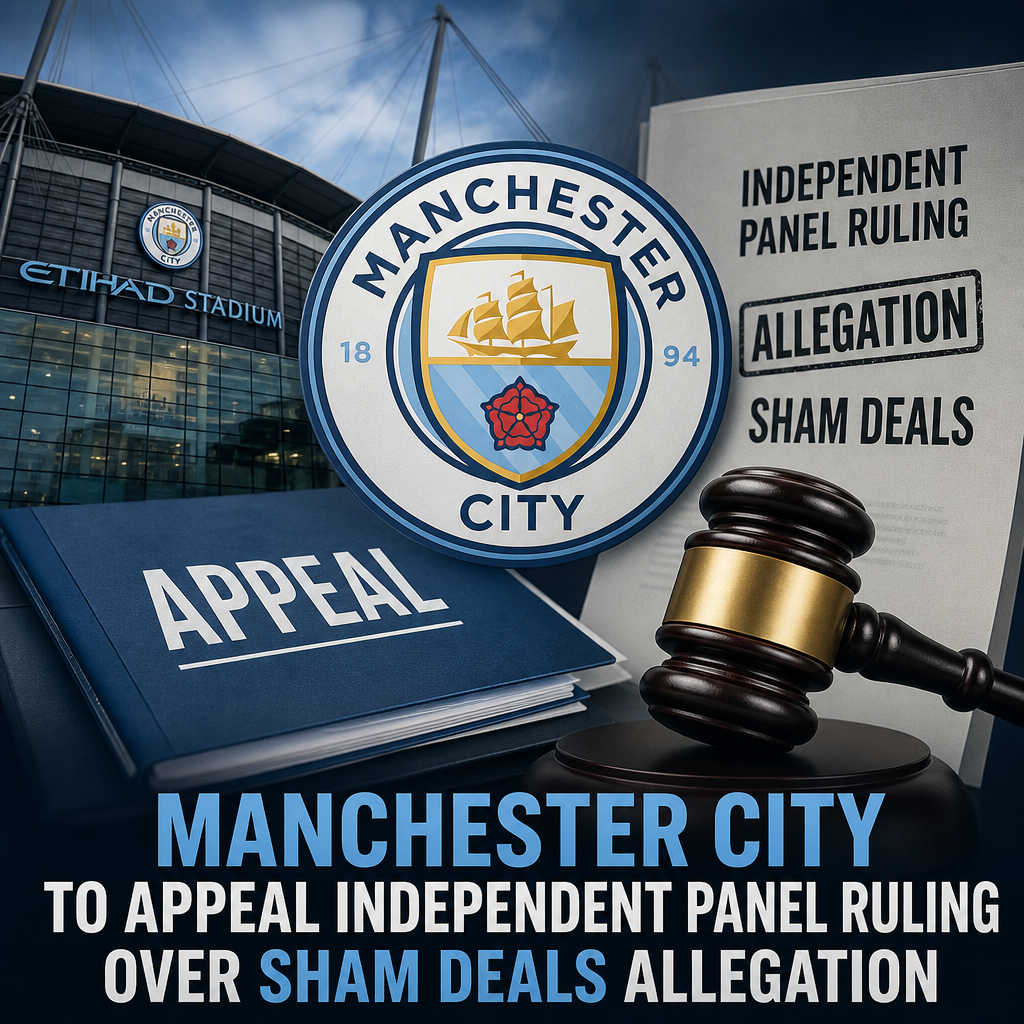 Legal documents with Etihad Stadium in background, representing Manchester City's appeal over sham deals ruling.
