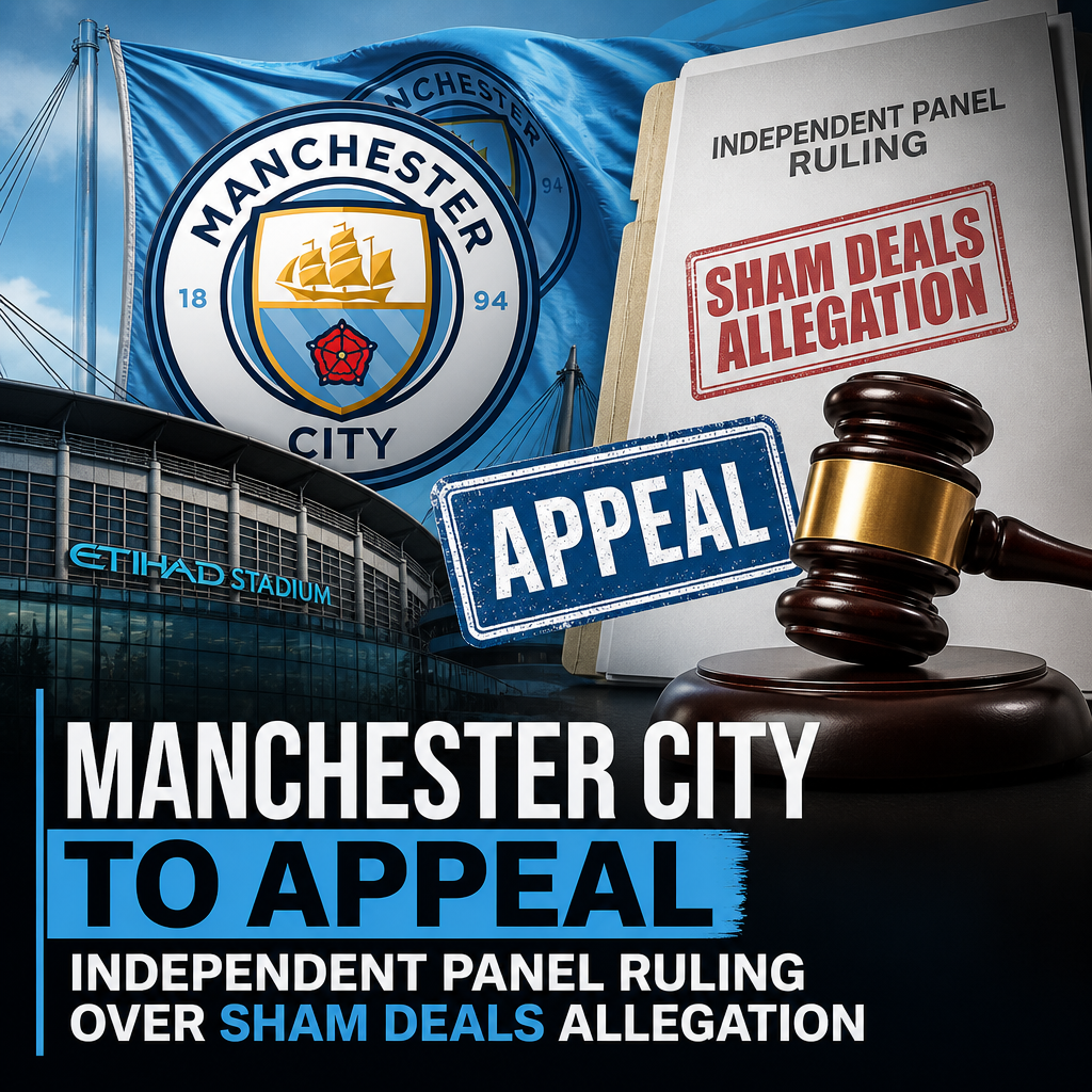 Manchester City announces appeal against ruling on sham deals allegations in a press conference setting.