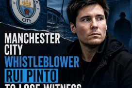 Portrait of Rui Pinto, Manchester City whistleblower, looking serious against a dark background.