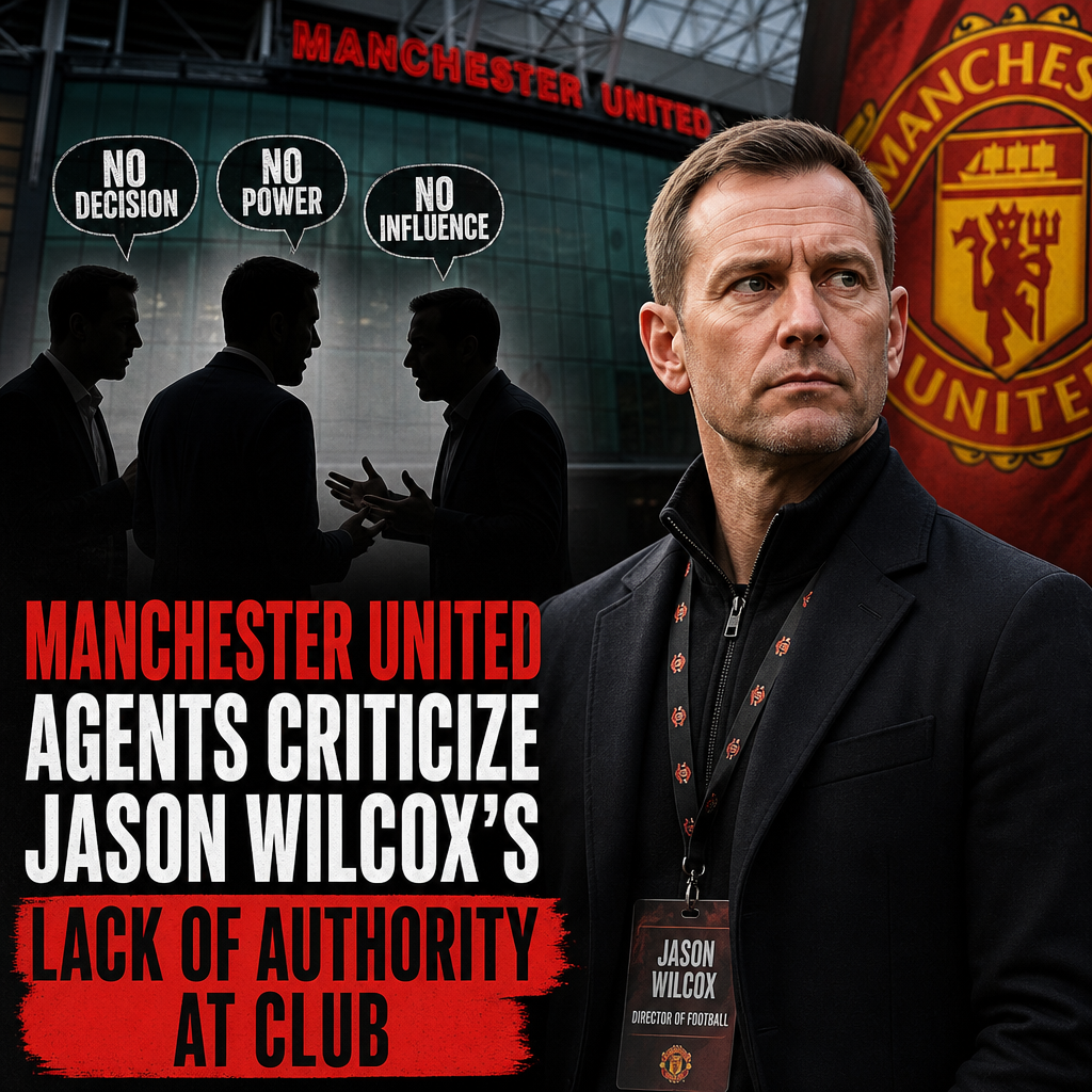 Manchester United agents discussing Jason Wilcox’s role at a press conference with club logos visible.