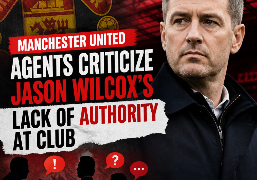 Manchester United agents seated at a table during a press conference, expressing criticism.