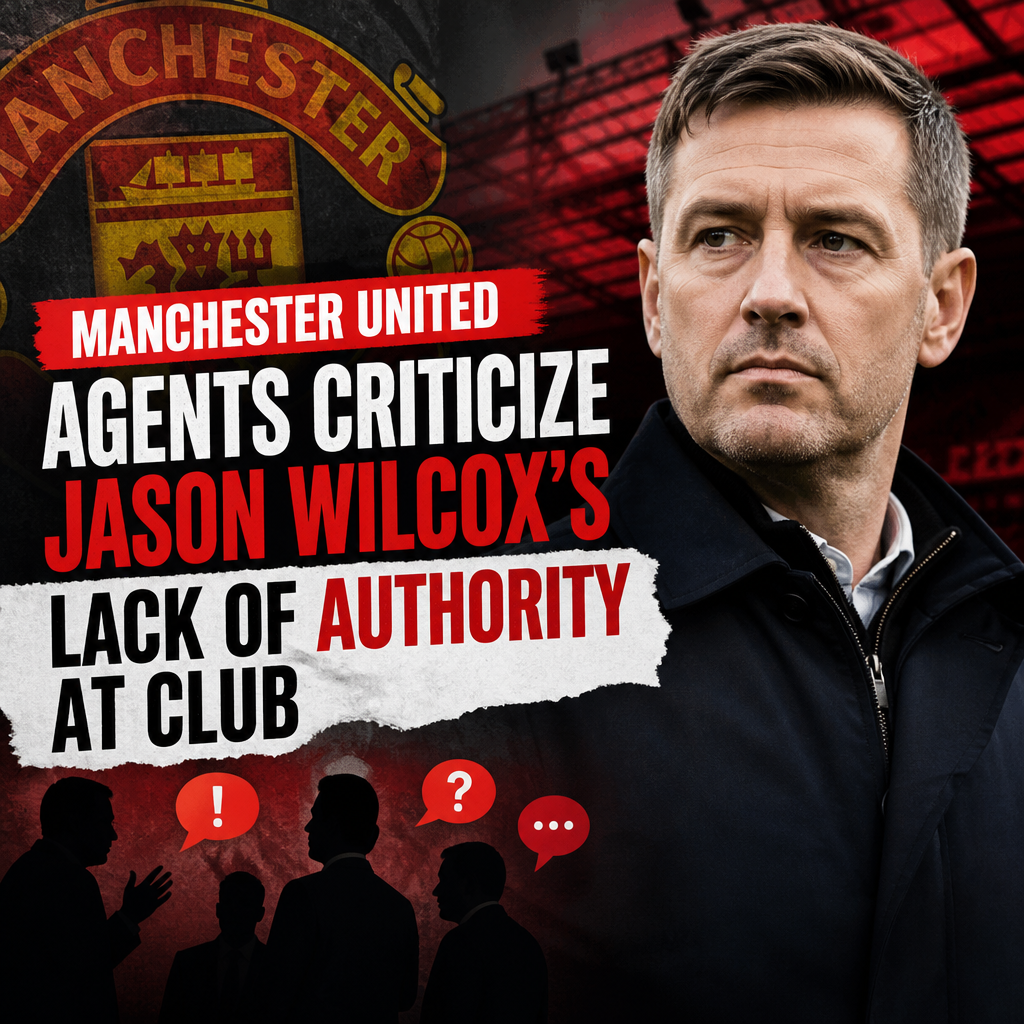 Manchester United agents seated at a table during a press conference, expressing criticism.