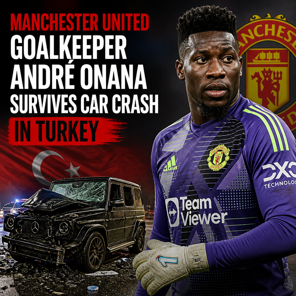 Manchester United goalkeeper André Onana standing by his car after surviving a crash in Turkey.
