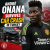 Manchester United goalkeeper André Onana walking away safely from a car crash scene in Turkey.