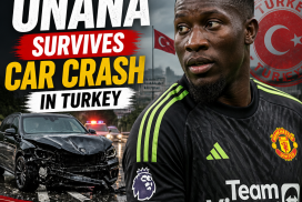 Manchester United goalkeeper André Onana walking away safely from a car crash scene in Turkey.