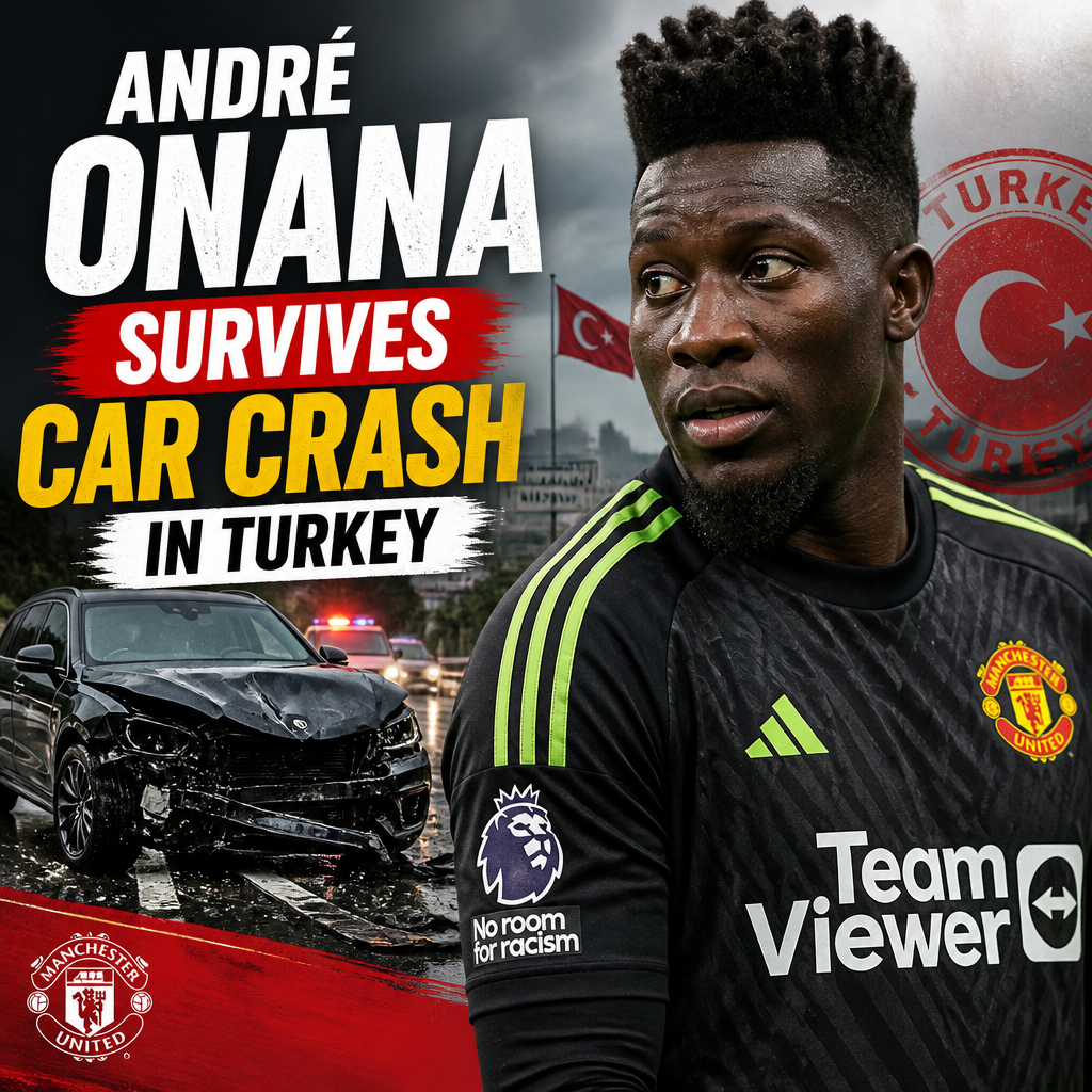 Manchester United goalkeeper André Onana walking away safely from a car crash scene in Turkey.