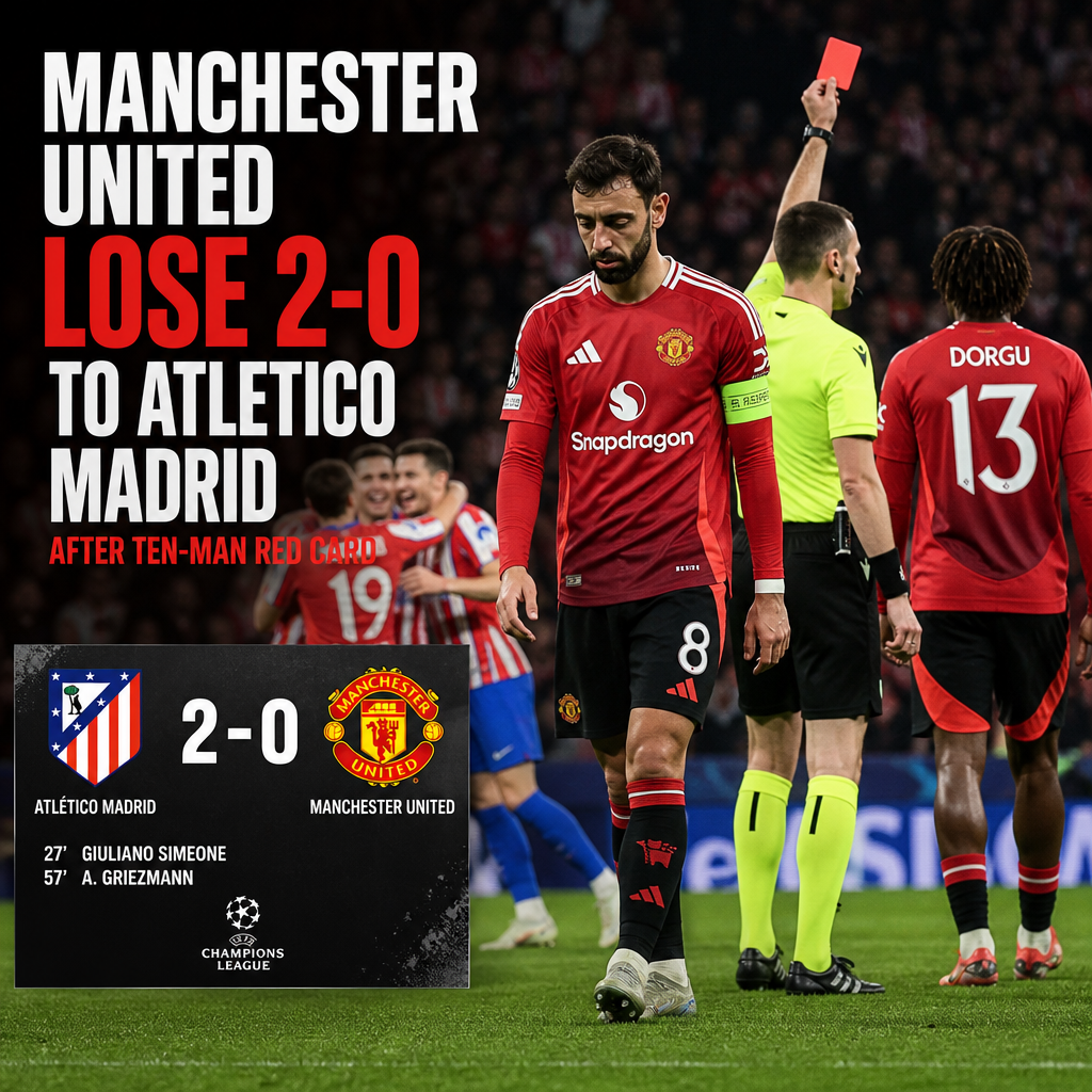 Manchester United player reacts in frustration as Atletico Madrid leads 2-0 in Champions League match after a red card.
