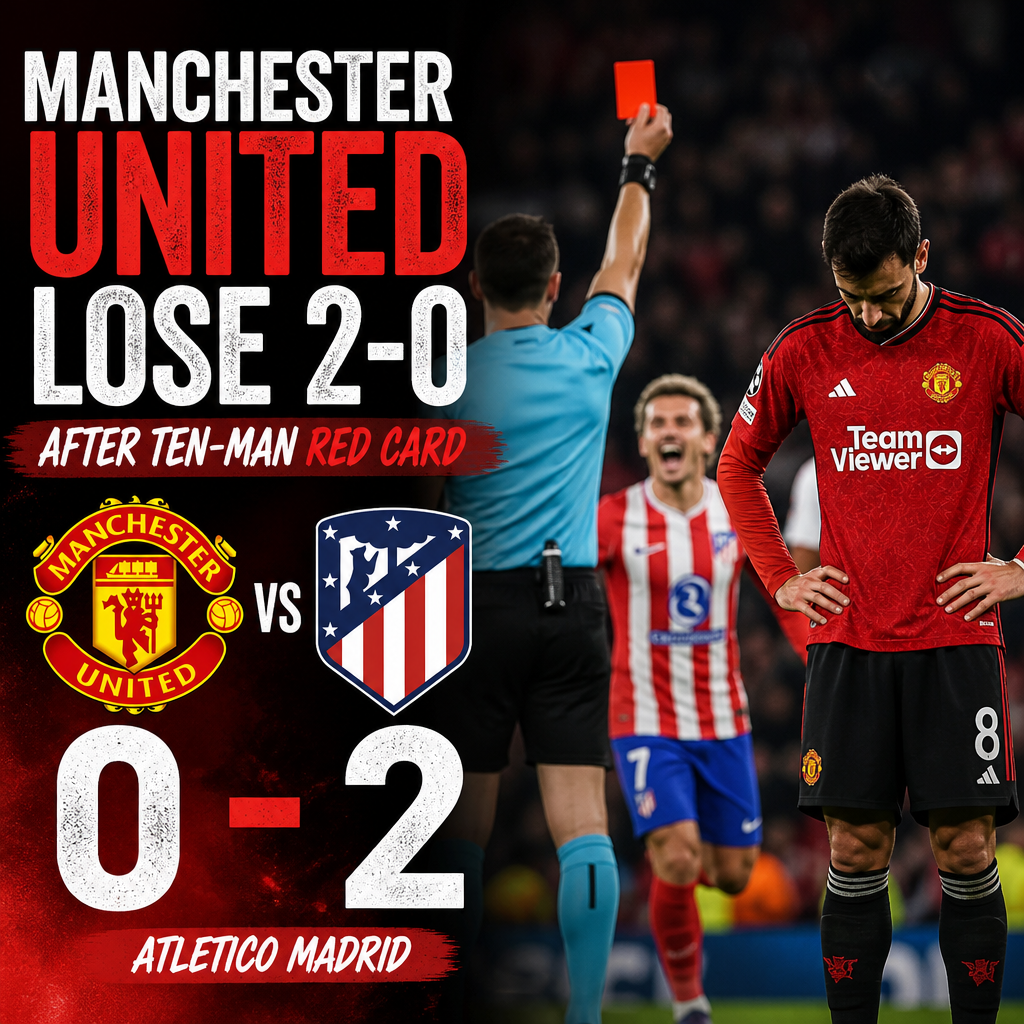 Manchester United player reacts in frustration as Atletico Madrid scores during a tense soccer match.