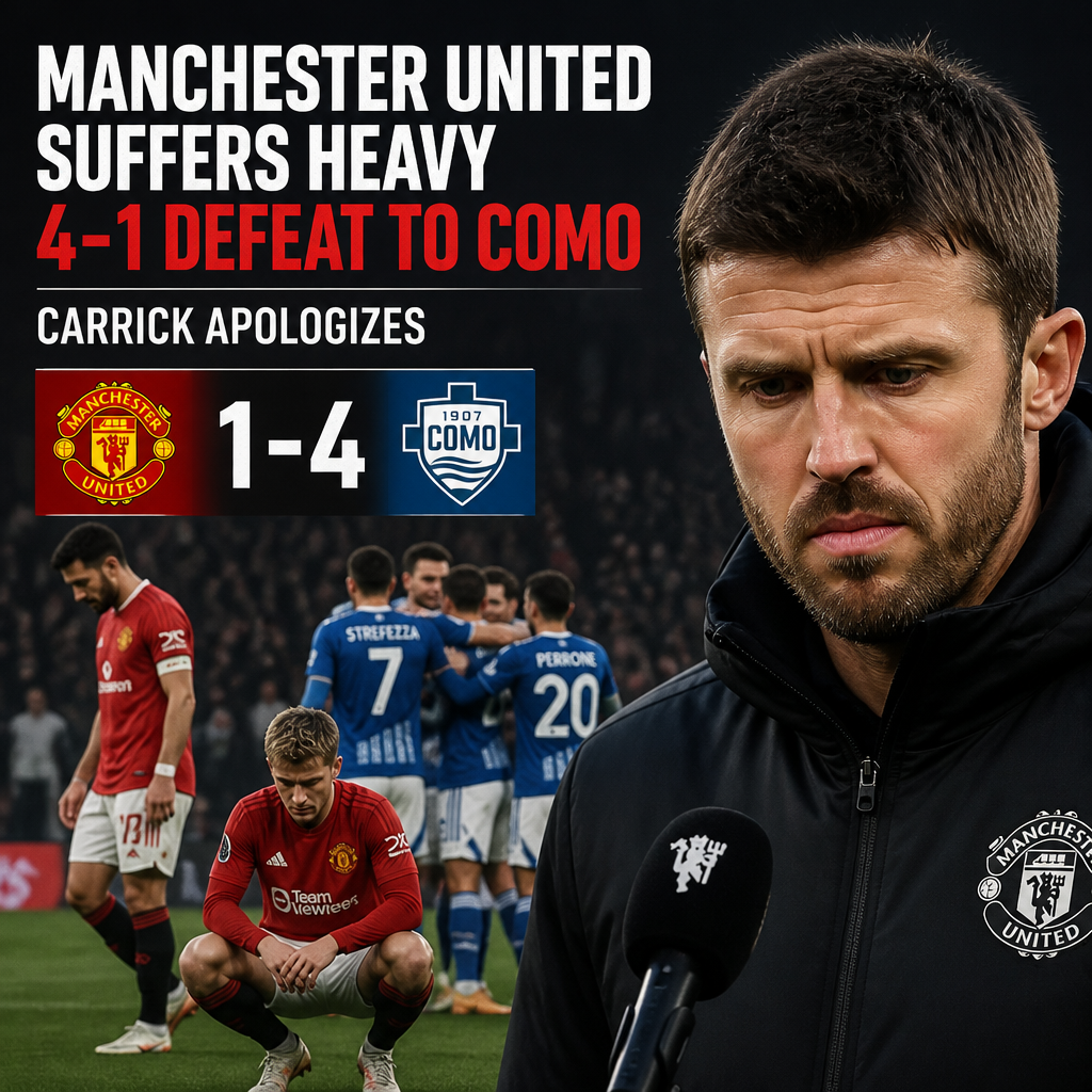 Michael Carrick apologizing as Manchester United players look dejected after 4-1 loss to Como.