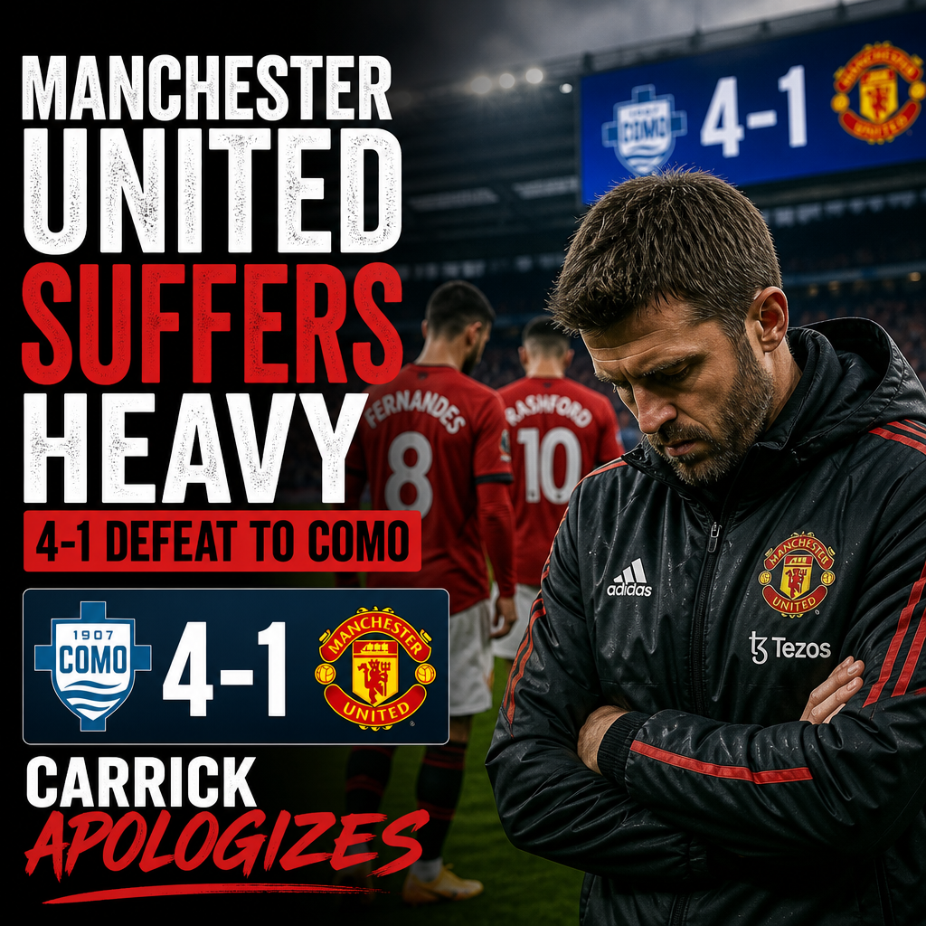 Manchester United players look dejected on the pitch after a heavy 4-1 defeat to Como.