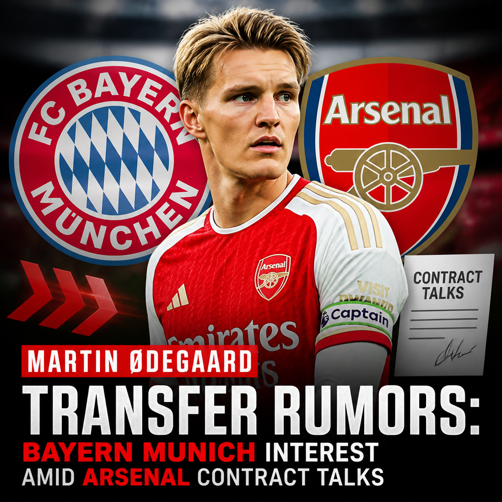 Martin Ødegaard in Arsenal kit with Bayern Munich logo and transfer rumor headlines in background.