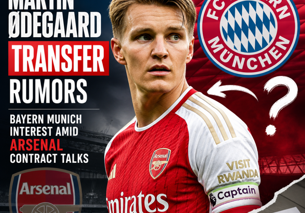 Martin Ødegaard in Arsenal jersey with Bayern Munich logo in background amid transfer rumors.