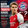 Martin Ødegaard in Arsenal jersey with Bayern Munich logo in background amid transfer rumors.