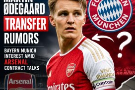 Martin Ødegaard in Arsenal jersey with Bayern Munich logo in background amid transfer rumors.