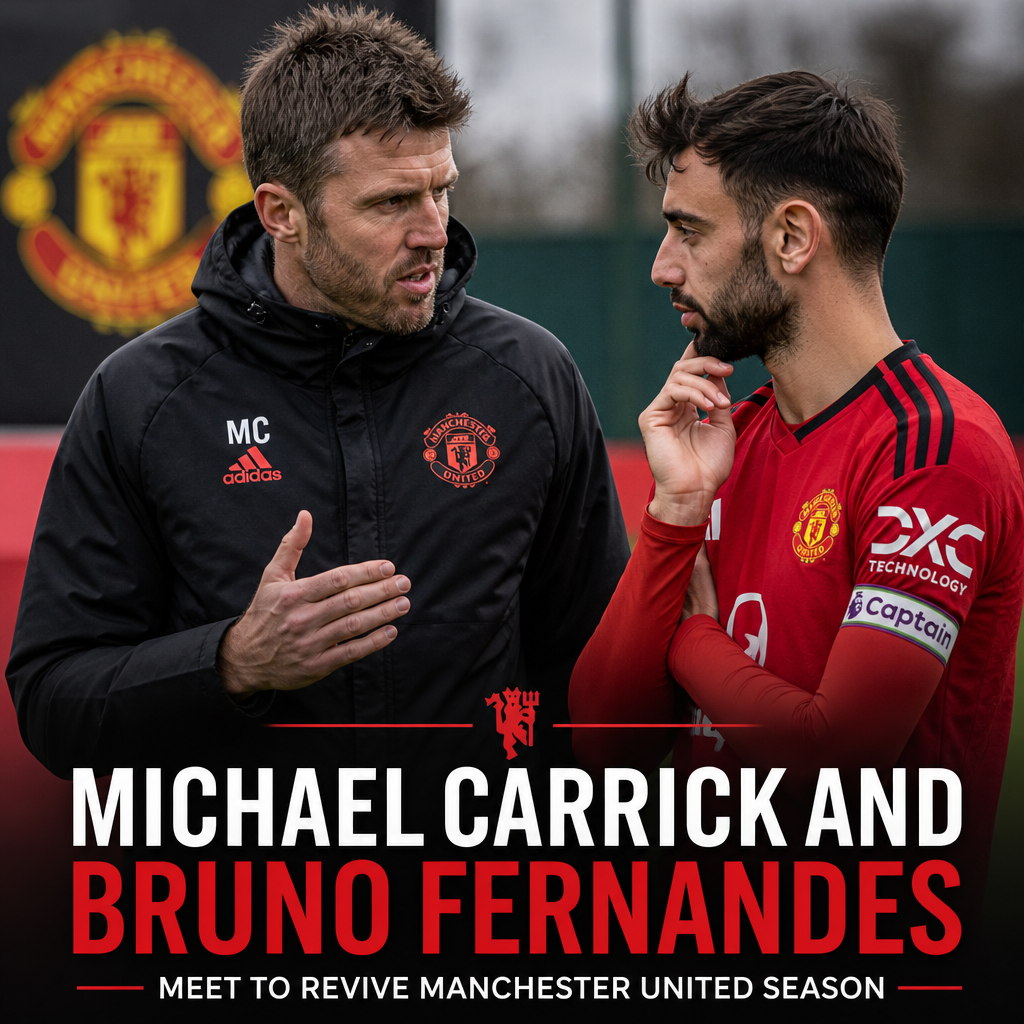 Michael Carrick and Bruno Fernandes discussing tactics on the Manchester United training ground.