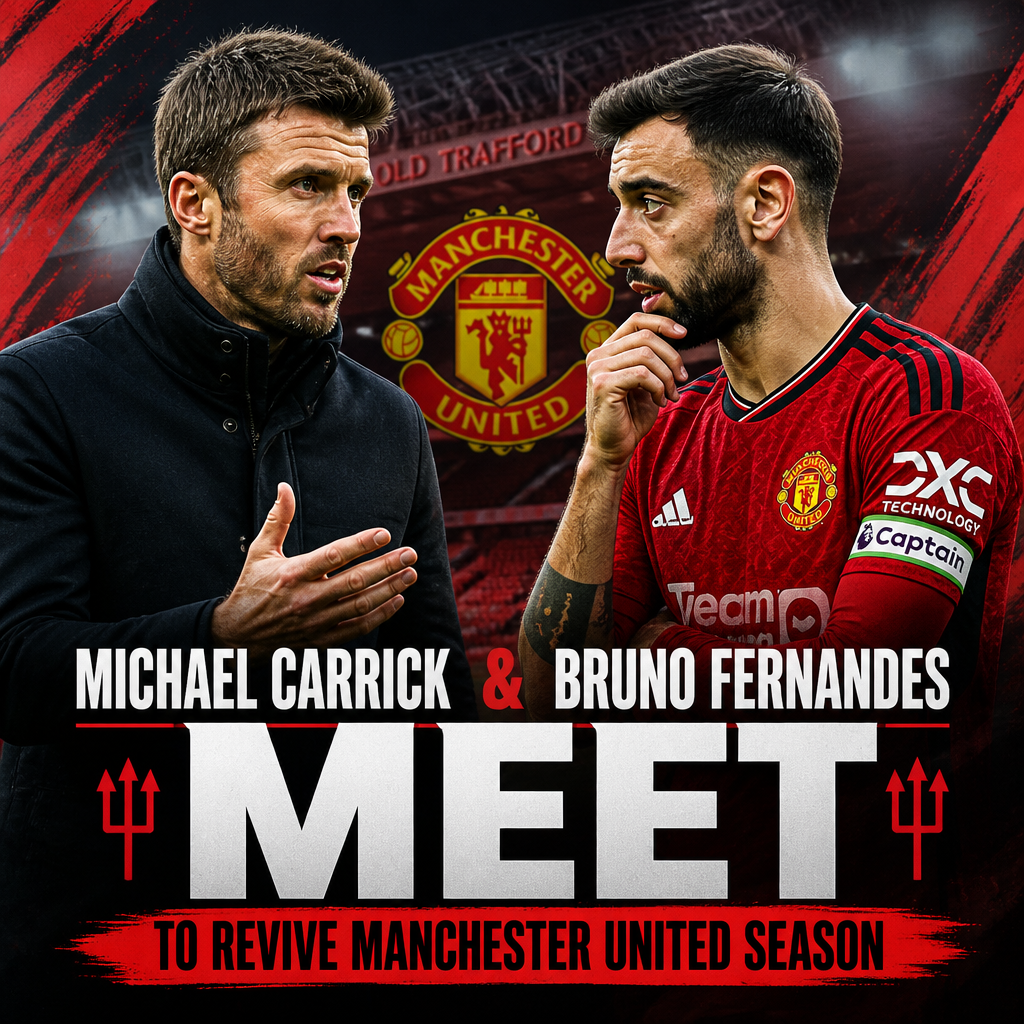 Michael Carrick and Bruno Fernandes discuss tactics on the sidelines at Old Trafford during a Manchester United match.